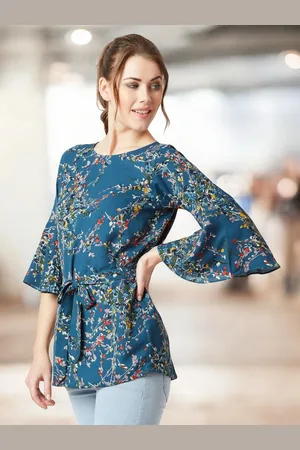 all about you Women Boat Neck Floral Ruffled Long Belted Tie-Up Top