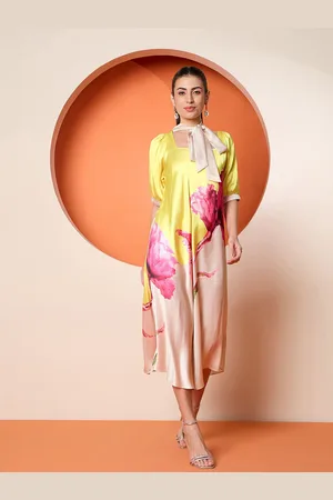 Antheaa Women Floral Print Puff Sleeve A-Line Midi Dress