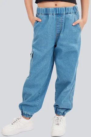 OLELÉ Girls Cotton Denim Stretchable Joggers Jeans Pant