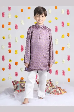 Cutiekins Boys Geometric Woven Design Mandarin Collar Straight Kurta With Pyjamas