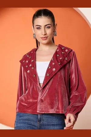Antheaa Women Embellished Velvet Crop Tailored Jacket