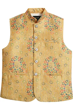 CAVIO Boys Ethnic Motif Printed Pure Cotton Nehru Jacket With Shirt