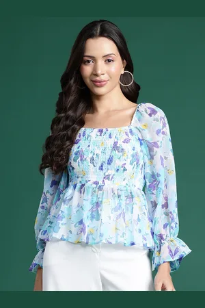 DressBerry Floral Print Puff Sleeves Georgette Peplum Top