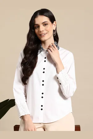 Mast & Harbour Floral Embroidered Puff Sleeves Pure Cotton Shirt Style Top