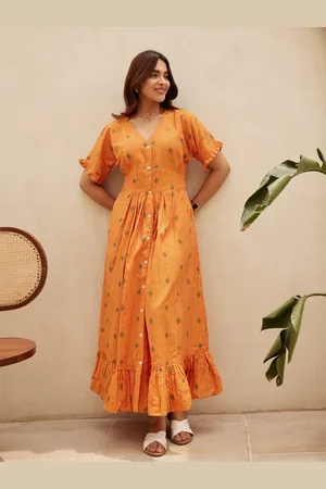 Ambraee Floral Print V-Neck Regular Sleeves Organic Cotton Maxi Dress