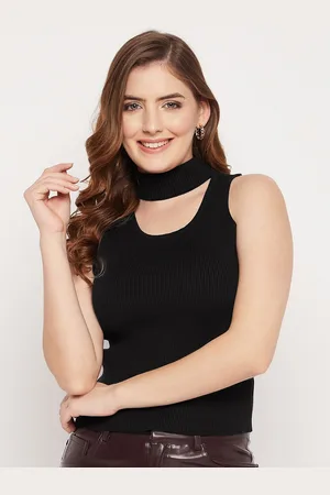 MADAME Women Black Ribbed Woolen Sweater Vest