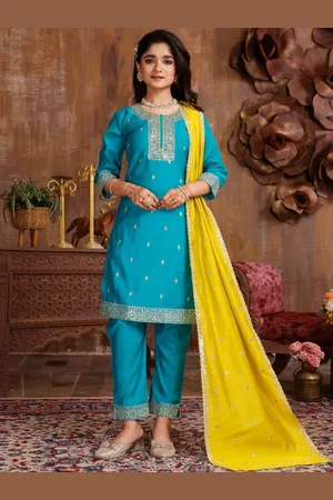 BAESD Girls Floral Embroidered Sequinned Round Neck Straight Kurta with Trouser & Dupatta