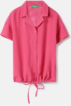 Benetton Girls Cuban Collar Solid Casual Shirt