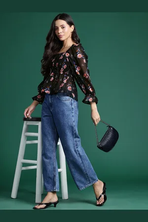 DressBerry Floral Print Puff Sleeves Georgette Peplum Top