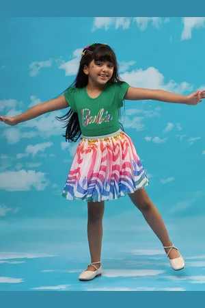 LIL DRAMA Girls Printed Pure Cotton T-shirt with Skirt