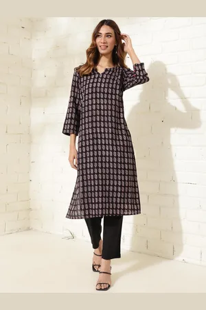 Fabindia Checked Printed Round Neck Three-Quarter Sleeves Cotton Kurta