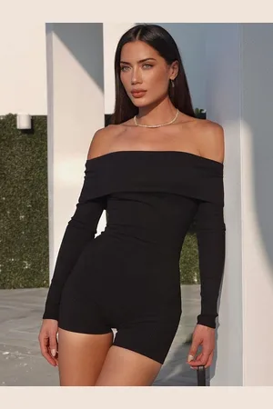 LULU & SKY Women Solid Ribbed Off-shoulder Playsuit