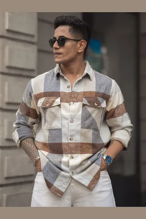 Powerlook Men Spread Collar Tartan Checked Cotton Casual Shirt