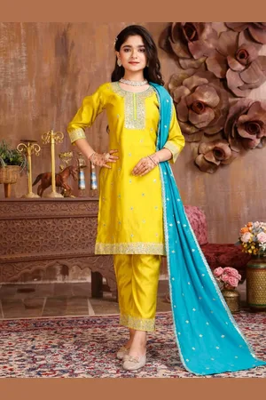 BAESD Girls Floral Embroidered Sequinned Round Neck Straight Kurta with Trouser & Dupatta