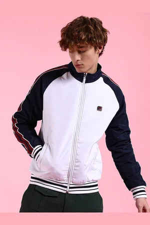 The Indian Garage Co Men White Striped Crop Outdoor Bomber with Embroidered Jacket