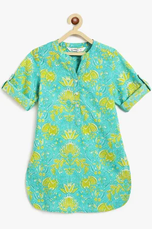 Campana Urvashi Girls Floral Printed Mandarin Collar Roll-Up Sleeves Cotton A-Line Kurta