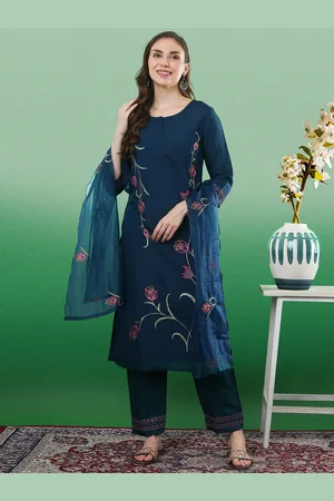Sangria Floral Embroidered Sequinned Straight Kurta & Trouser With Dupatta