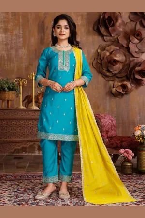 BAESD Girls Floral Embroidered Sequinned Round Neck Straight Kurta with Trouser & Dupatta
