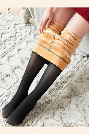 Hill Islands Women Semi Sheer Fur Fleece Dual Tone Winter Translucent Lined Stockings
