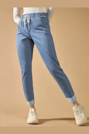 DOLCE CRUDO Women High Rise Clean Look Solid Cropped Striped Detailing Denim Joggers