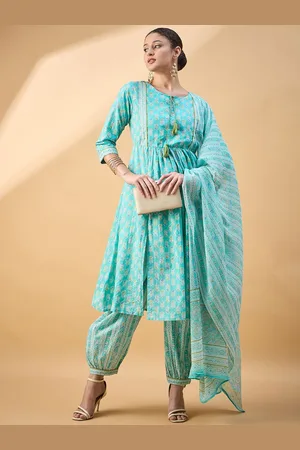Deewa Women Floral Printed Pleated Pure Cotton Kurta with Patiala & With Dupatta