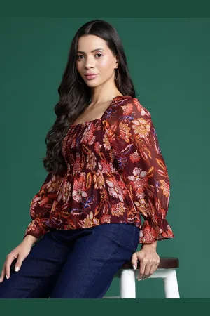 DressBerry Floral Print Puff Sleeves Georgette Peplum Top