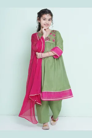 Bhama Girls Floral Embroidered GottaPatti Anarkali Kurta with Trousers & Dupatta