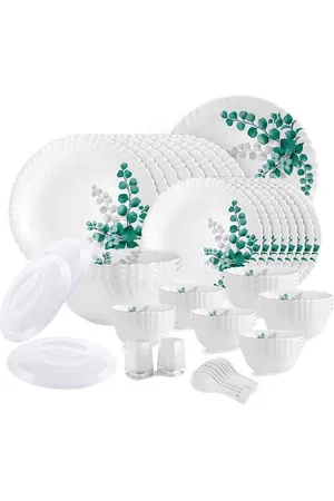 Cello Dazzle Series White 57 Pcs Chip & Scratch Resistant Aqua Leaves Opalware Dinner Set