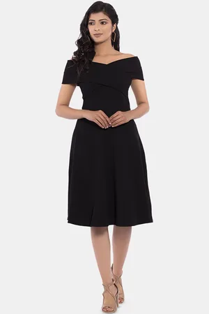 Golden Kite Women Solid Off-Shoulder Sleeveless A-Line Party Dress