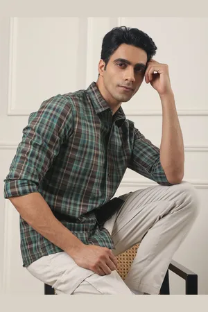 SUBTRACT Men Spread Collar Tartan Checked Cotton Casual Shirt