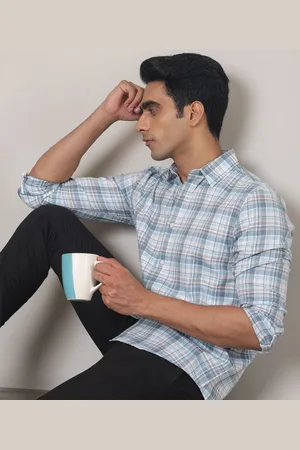 SUBTRACT Men Spread Collar Tartan Checked Cotton Casual Shirt