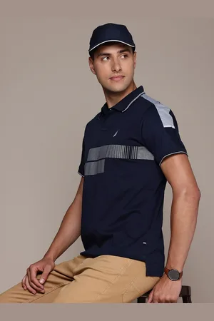 Nautica Men Striped Polo Collar Pure Cotton T-shirt with Reflective Detail