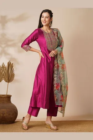 Globus Floral Yoke Design Zari Panelled Anarkali Kurta With Trouser & Dupatta