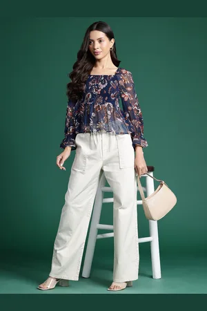 DressBerry Floral Print Puff Sleeves Georgette Peplum Top