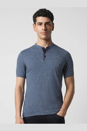 V Dot Men Navy Blue Mandarin Collar Slim Fit T-shirt