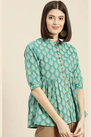 Sassafras Women Teal Blue & Off-White Printed A-Line Pure Cotton Top