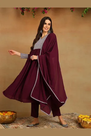 Ahika Women Burgundy Yoke Design Empire Sequinned Kurta with Trousers & Dupatta