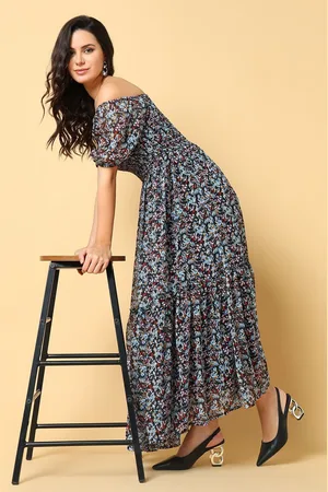 SHOWOFF Women Floral Print Off-Shoulder Puff Sleeve Georgette Fit & Flare Midi Dress