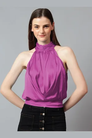 KOTTY Women Solid Halter Neck Satin Top