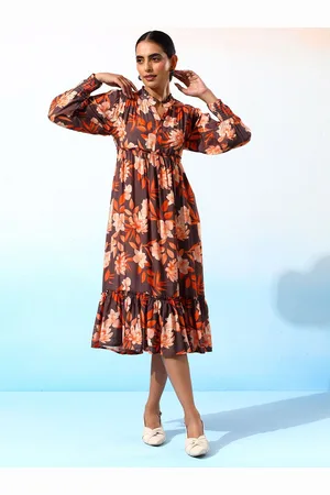 Bani Women Floral Printed Cuffed Sleeves A-Line Midi Dress
