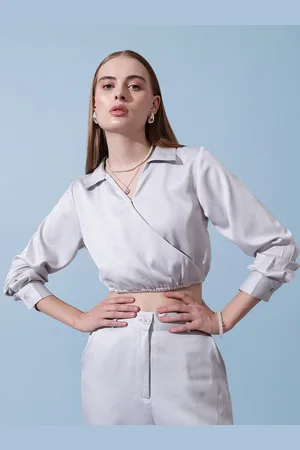 STREET 9 Women Solid Wrap Shirt Collar Crop Top