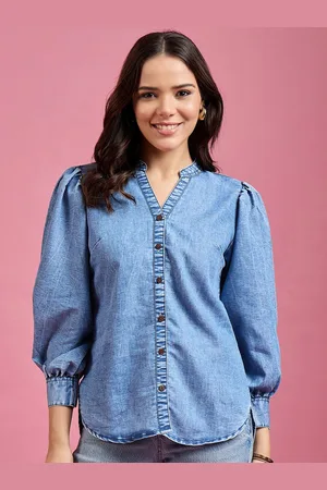 DressBerry Women Classic Mandarin Collar Solid Denim Casual Shirt