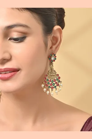 Fida Gold Plated Classic Artificial Stones & Pearls Temple Drop Earrings