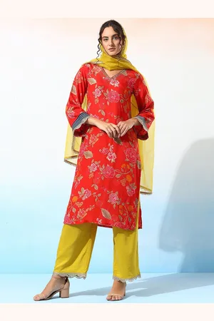 Bani Women Floral Printed Sequinned Pure Silk Pakistani Style Kurta With Palazzo & Dupatta