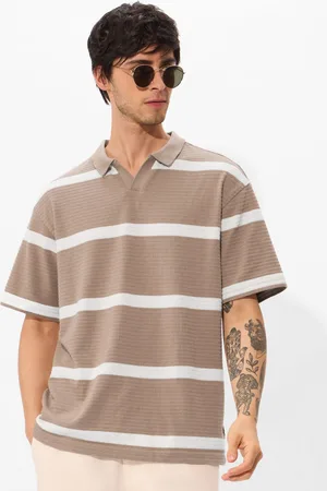 The Souled Store Men Striped Polo Collar Cotton Oversized T-shirt