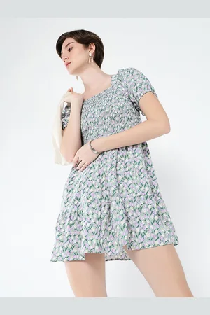 SHOWOFF Women Floral Printed Puff Sleeve Fit & Flare Mini Dress