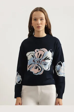 Elle Women Floral Self Design Round Neck Pullover Sweater