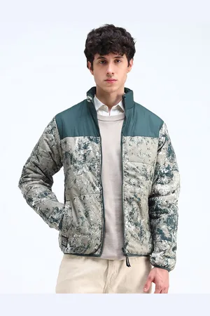 Flying Machine Men Mock Collar Camouflage Printed Casual Quilted Jacket