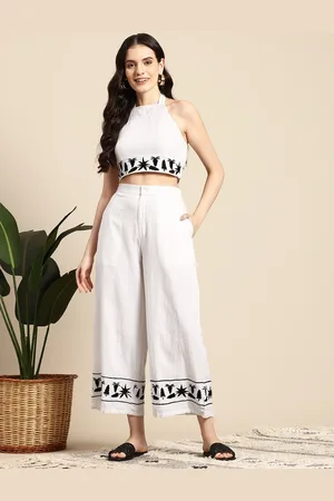 Mast & Harbour Embroidered Pure Cotton Top With Palazzos