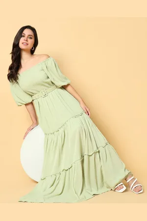 SHOWOFF Women Off-Shoulder Puff Sleeve Georgette Fit & Flare Maxi Dress